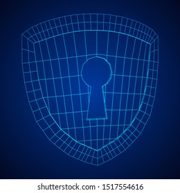 Cyber security concept. Shield with keyhole composed of polygons. Business data protection. Wireframe low poly mesh vector illustration.
