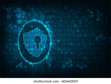 Cyber security concept: Shield With Keyhole icon on digital data background. Illustrates cyber data security or information privacy idea. Blue abstract hi speed internet technology.