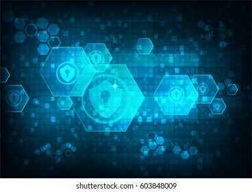 Cyber security concept: Shield With Keyhole icon on hexagon digital data background. Illustrates cyber data security or information privacy idea. Blue abstract hi speed internet technology 