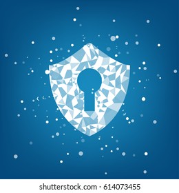 Cyber security concept: Shield With Keyhole icon on digital data background. Illustrates cyber data security or information privacy idea. Blue abstract hi speed internet technology.