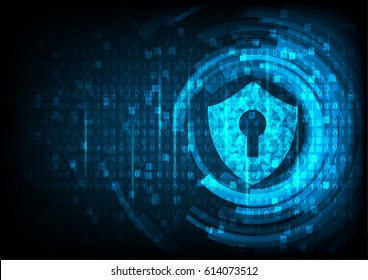 Cyber security concept: Shield With Keyhole icon on digital data background. Illustrates cyber data security or information privacy idea. Blue abstract hi speed internet technology.