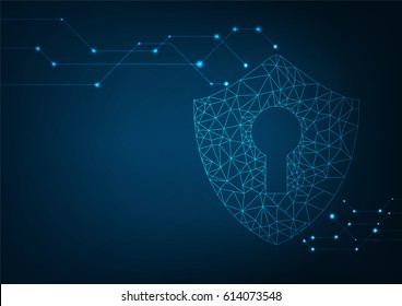 Cyber security concept: Shield With Keyhole icon on digital data background. Illustrates cyber data security or information privacy idea. Blue abstract hi speed internet technology.