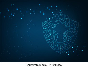 Cyber security concept: Shield With Keyhole icon on digital data background. Illustrates cyber data security or information privacy idea. Blue abstract hi speed internet technology.