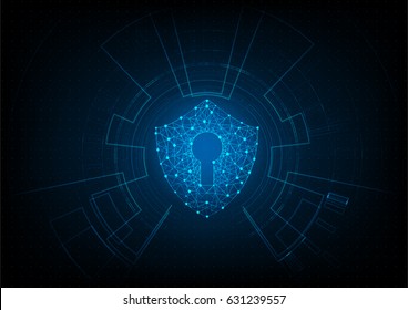 Cyber security concept: Shield With Keyhole icon on digital data background. Illustrates cyber data security or information privacy idea. Blue abstract hi speed internet technology.