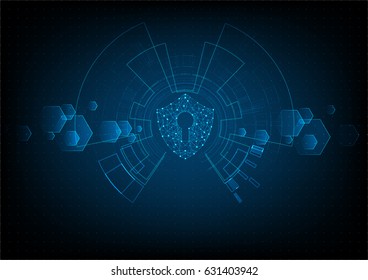 Cyber security concept: Shield With Keyhole icon on digital data background. Illustrates cyber data security or information privacy idea. Blue abstract hi speed internet technology.