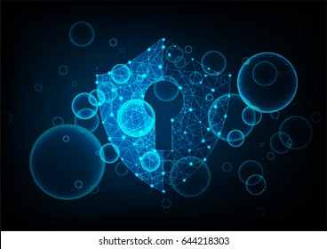 Cyber security concept: Shield With Keyhole icon on digital data background. Illustrates cyber data security or information privacy idea. Blue abstract hi speed internet technology.