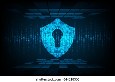 Cyber security concept: Shield With Keyhole icon on digital data background. Illustrates cyber data security or information privacy idea. Blue abstract hi speed internet technology.