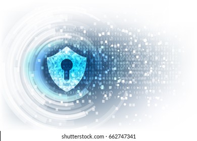 Cyber security concept: Shield with keyhole icon on digital data background. Illustrates cyber data security or information privacy idea. Blue abstract hi speed internet technology.
