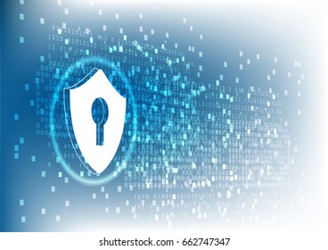 Cyber security concept: Shield with keyhole icon on digital data background. Illustrates cyber data security or information privacy idea. Blue abstract hi speed internet technology.