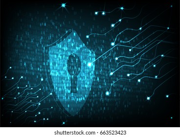Cyber security concept: Shield With Keyhole icon on digital data background. Illustrates cyber data security or information privacy idea. Blue abstract hi speed internet technology.