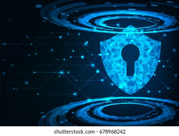 Cyber security concept: Shield With Keyhole icon on digital data background. Illustrates cyber data security or information privacy idea. Blue abstract hi speed internet technology.