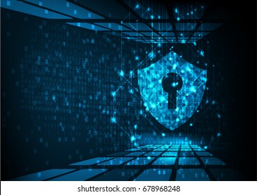 Cyber security concept: Shield With Keyhole icon on digital data background. Illustrates cyber data security or information privacy idea. Blue abstract hi speed internet technology.