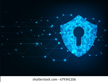 Cyber security concept: Shield With Keyhole icon on digital data background. Illustrates cyber data security or information privacy idea. Blue abstract hi speed internet technology.