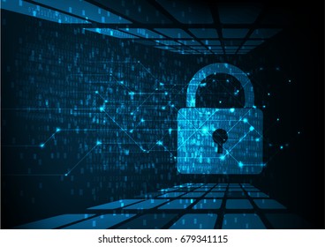Cyber security concept: Shield With Keyhole icon on digital data background. Illustrates cyber data security or information privacy idea. Blue abstract hi speed internet technology.