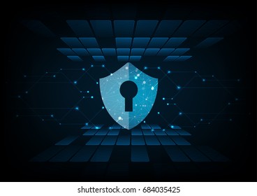 Cyber security concept: Shield With Keyhole icon on digital data background. Illustrates cyber data security or information privacy idea. Blue abstract hi speed internet technology.