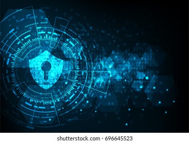 Cyber security concept: Shield With Keyhole icon on digital data background. Illustrates cyber data security or information privacy idea. Blue abstract hi speed internet technology.