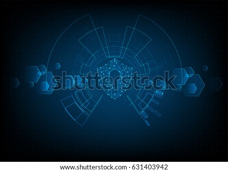 Cyber security concept: Shield With Keyhole icon on digital data background. Illustrates cyber data security or information privacy idea. Blue abstract hi speed internet technology.