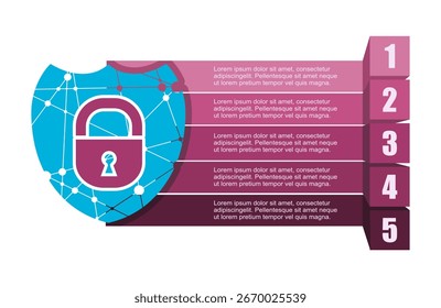 Cyber-Sicherheitskonzept. Schild Low-Poly-Stil mit fünf Funktionen oder Option des Projekts zu wählen. Minimale Infografik für die Visualisierung von Geschäfts- und Technologieinformationen.