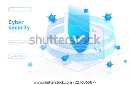 Cyber security concept. Shield next to laptop. Metaphor of antivirus and prevention of trojans and hacker attacks. Internet security and personal data protection. Cartoon isometric vector illustration