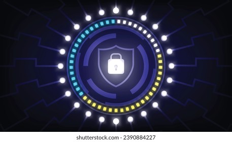 Cyber security concept. Shield with padlock on the screen. Modern safety digital background. Protection system. Perfect to use for Technology Company. Vector illustration