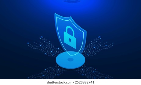 Concepto de seguridad cibernética con escudo, candado y tablero electrónico isométrico. Protección de datos personales, antivirus, seguridad en Internet y protección de datos. Ilustración vectorial.