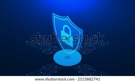 Cyber security concept with shield, padlock and electronic board isometric. Personal data protection, antivirus, safety internet and data secure. Vector illustration.