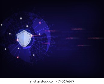 Cyber Security Concept : Shield protect world global network on binary code background.