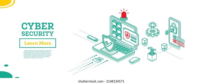 Cyber Security Concept. Shield Symbol. Isometric Laptop and Smartphone with Key Inserted in Lock. Data Protection. Vector Illustration. Authentication Form on Laptop Screen. Red Flasher.