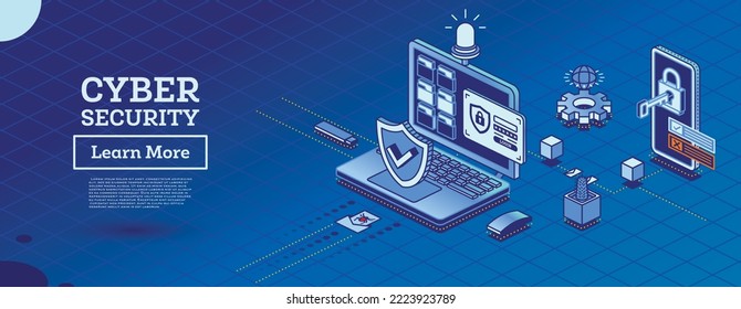 Cyber Security Concept. Shield Symbol. Isometric Laptop and Smartphone with Key Inserted in Lock. Data Protection. Vector Illustration. Authentication Form on Laptop Screen. Blue Flasher.