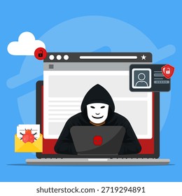 Cyber security concept showing an anonymous hacker accessing data on a laptop screen, representing cybercrime, data breach, online fraud, malware, and digital privacy threats