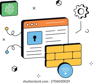 Concepto de seguridad cibernética que muestra un acceso seguro a Internet a través de huellas dactilares y cortafuegos seguros. Uso para protección de datos, seguridad de red o Ilustración vectorial plana isométrica de seguridad cibernética.