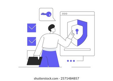 Cyber security concept. Using many step authentication with safety password access for protection online account and private information. Flat Cartoon Vector Illustration, icon. Stylish abstract