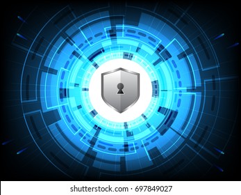 Cyber security concept vector illustration. Smart phone with shield for privacy protection on blue technology background.