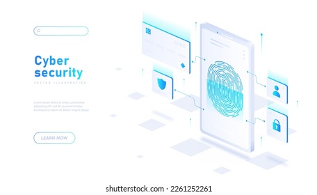 Concepto de ciberseguridad. Verificación y biométrica, análisis de huellas dactilares para ingresar a cuenta. Tecnologías e innovaciones modernas. Seguridad de la privacidad en Internet. Ilustración vectorial isométrica de dibujos animados
