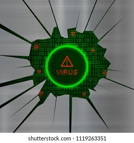 Cyber Security Concept : Virus on cracked metal with binary coed background