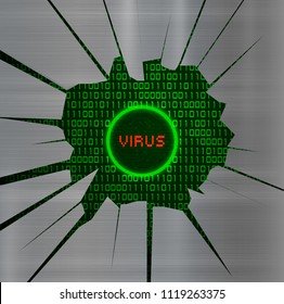 Cyber Security Concept : Virus on cracked metal with binary coed background