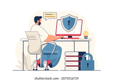 Cyber security concept for web banner. Man gets access using password, online protection of personal accounts, modern person scene. Vector illustration in flat cartoon design with people characters