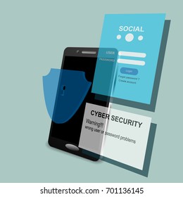 Cyber security concept,mobile phone,Shield and application display on blue gradient background.protection from theft, hacker, risk or damage to hardware, software, data or information, system privacy