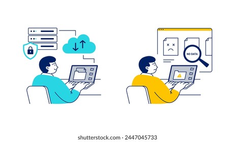 Cyber security concepts. A man uses cloud storage to save data. A man loses his data. Vector linear illustrations on the white background. 