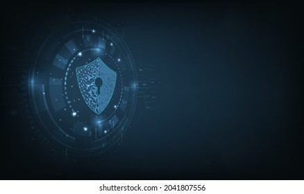 Cyber security concept.Shield symbol on dark blue background.Illustrates cyber data security.Vector illustration 3D. 