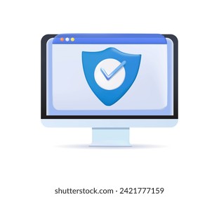 Cyber security content 3D. Vector of security cyber, information data online protected by shield, protect digital application and software illustration