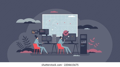 Cyber security control room with surveillance center tiny person concept. Global satellite monitoring at government military command center vector illustration. High tech digital technology systems.