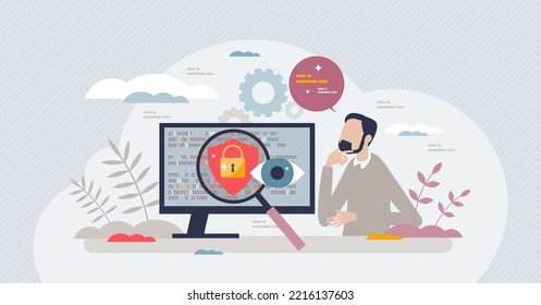 Cyber security course with education about digital safety tiny person concept. Online learning about data encryption, fraud and scam protection and information privacy awareness vector illustration.