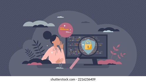 Cyber security course and education about digital safety tiny person concept. Online learning about data encryption, fraud and scam protection and information privacy awareness vector illustration.