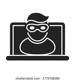 Cyber security and crime black glyph icon. Internet fraud. Computer thief stealing confidential data, personal information. Outline pictogram for web page, mobile app.