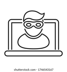 Cyber security and crime black line icon. Internet fraud. Computer thief stealing confidential data, personal information. Outline pictogram for web page, mobile app.