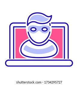  Cyber security and crime color line icon. Internet fraud. Computer thief stealing confidential data, personal information. Outline pictogram for web page, mobile app.