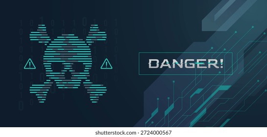 Cyber security danger concept with skull and crossbones icon on dark teal background. Futuristic digital threat warning, malware alert, and hacking protection for professional technology themes. network safety.