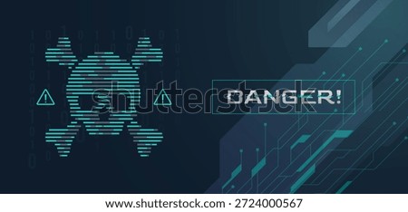 Cyber security danger concept with skull and crossbones icon on dark teal background. Futuristic digital threat warning, malware alert, and hacking protection for professional technology themes. network safety.