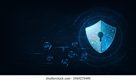 Cyber security for data in computer.Security shield icon digital display over on dark blue background.Data protection, privacy, and internet security concept. 